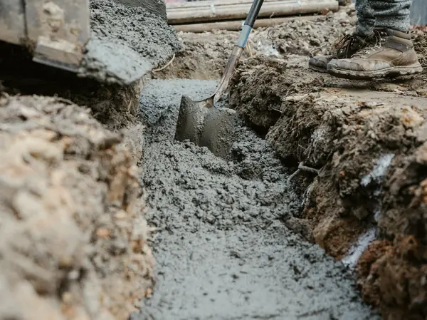 Concrete being poured and levelled into a foundation trench